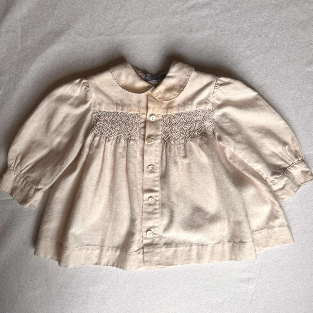 Vintage Clydella England Smocked Baby Blouse Lt Pink Wool Blend Peter Pan Collar